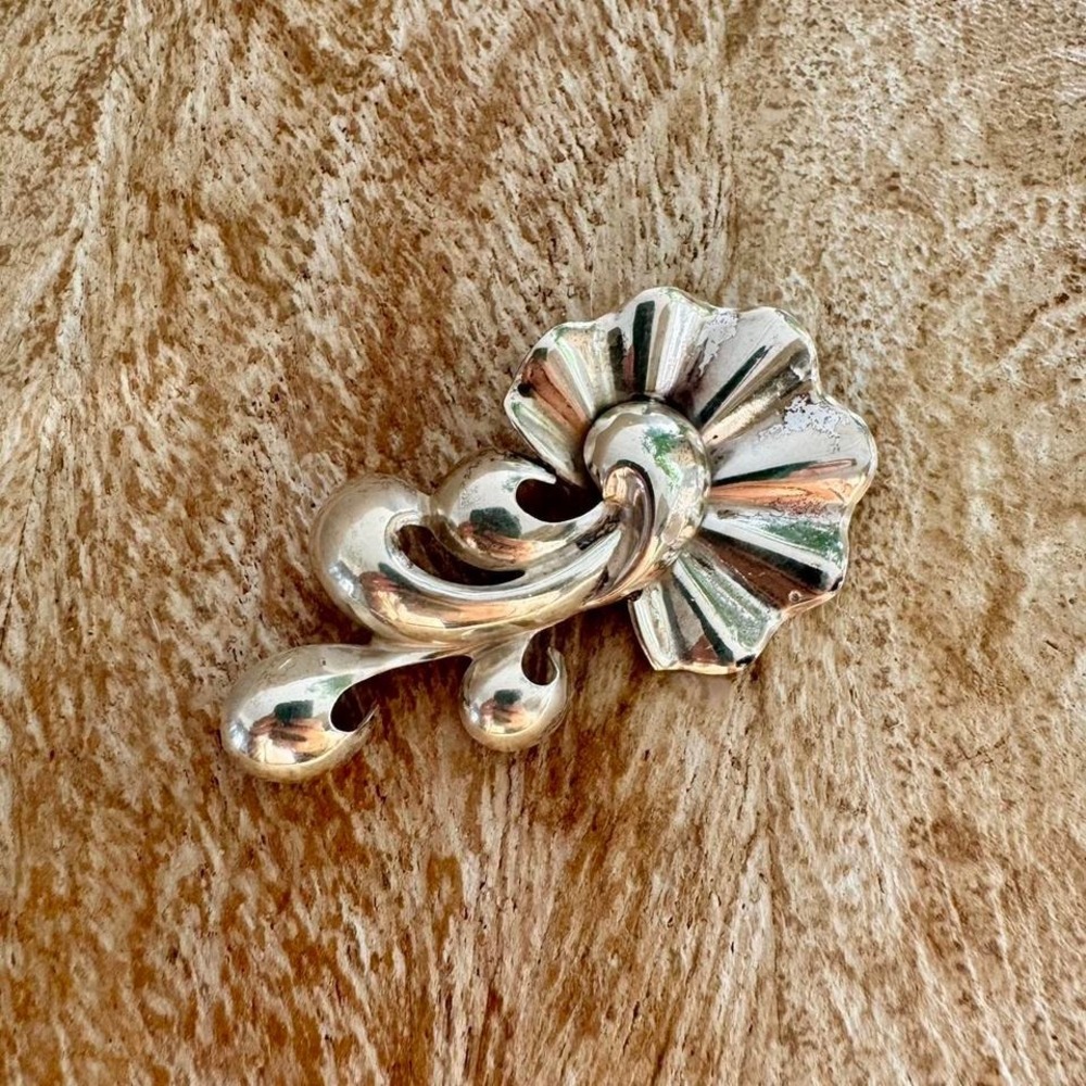 Monet Sterling Silver Pin - organic floral vintage rosette
